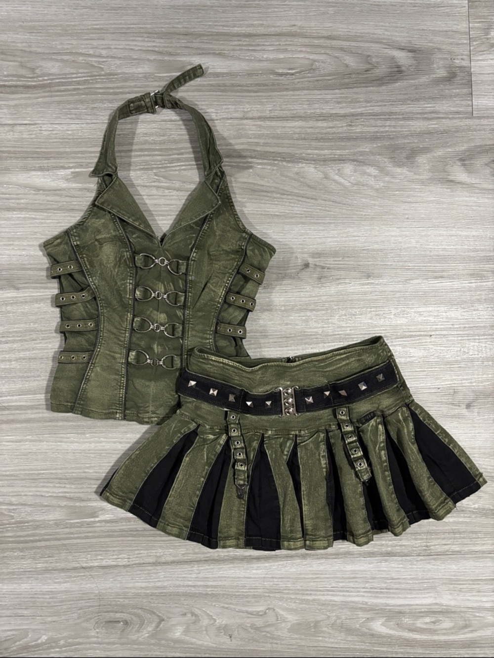 Tripp NYC Olive Green & Black Pleated Mini Skirt and Fitted Halter Top Set
